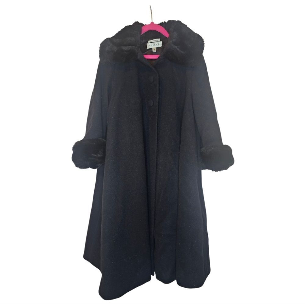 HELENA Neiman Marcus Girls Black Wool Faux Fur Trim‎ Dress Coat - Size 5